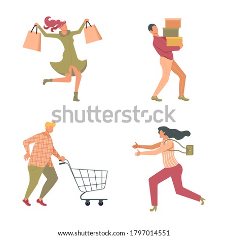 Set of Joyful running People isolated on white. Diversity of men and women late, hurry or haste. Flat Art Vector Illustration
