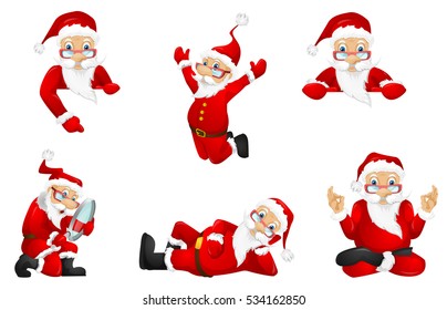 Set of joyful Santa Claus characters posing with white blank placard. Set of Santa Claus holding white billboard. Santa Claus showing empty board. Vector illustration isolated on white background.