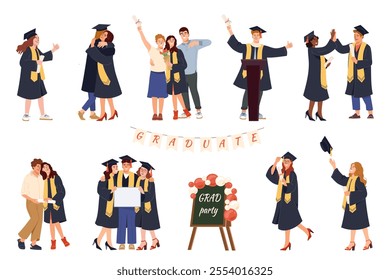 Set of joyful students in cap and gown marking new chapter. Parents proudly embrace daughter celebrating her graduation Young men and women, smiles while holding their diploma. Graduate vector concept