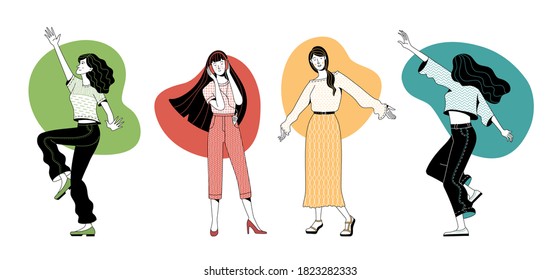 Set of joyful young women enjoying life vector illustration. Happy girls dancing and listening to music. Flat duotone female characters. Cartoon good mood and positive thinking concept