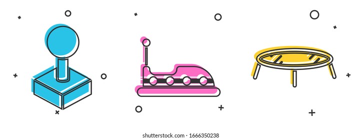 Set Joystick for arcade machine, Bumper car and Jumping trampoline icon. Vector