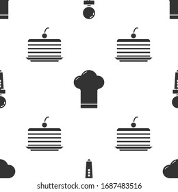 Set Joystick for arcade machine, Chef hat and Cake on seamless pattern. Vector