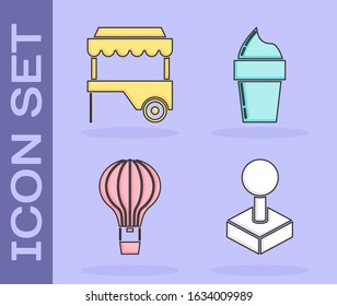 Set Joystick for arcade machine, Fast street food cart with awning, Hot air balloon and Ice cream in waffle cone icon. Vector