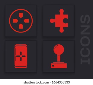 Set Joystick for arcade machine, Gamepad, Piece of puzzle and Smartphone and playing in game icon. Vector