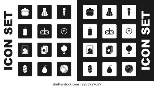 Ajuste Joystick para máquinas de arcade, Gamepad, bolsa de punzonado, olla de cocina, deporte de destino, el muelle Badminton, el tee de bola de golf y el icono del paisaje de imágenes. Vector