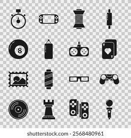 Set Joystick for arcade machine, Gamepad, Playing cards, Sewing thread on spool, Punching bag, Billiard snooker ball, Stopwatch and  icon. Vector