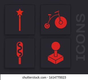 Set Joystick for arcade machine, Magic wand, Vintage bicycle with one big wheel and one small and Corn dog icon. Vector