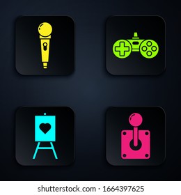 Set Joystick for arcade machine, Microphone, Wood easel or painting art boards and Gamepad. Black square button. Vector