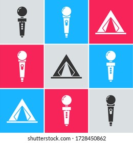 Set Joystick for arcade machine, Microphone and Tourist tent icon. Vector