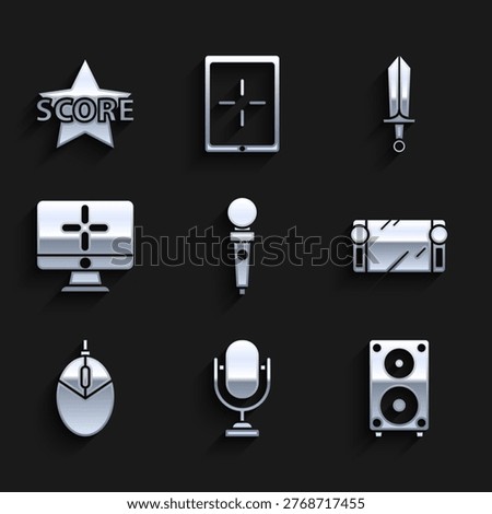 Set Joystick for arcade machine, Microphone, Stereo speaker, Portable video game console, Computer mouse gaming, monitor, Sword and Star icon. Vector