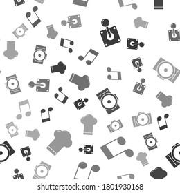 Set Joystick for arcade machine, Music note, tone, Photo camera and Chef hat on seamless pattern. Vector