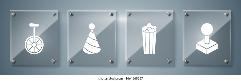 Set Joystick for arcade machine, Popcorn in cardboard box, Party hat and Unicycle or one wheel bicycle. Square glass panels. Vector
