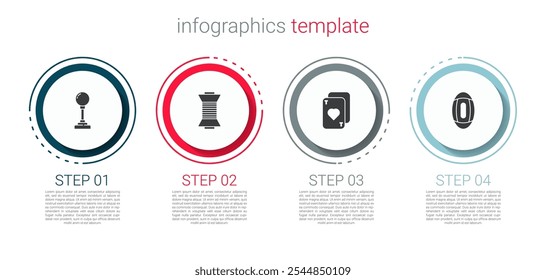 Conjunto Joystick para máquina arcade, hilo de coser en carrete, cartas de juego y pelota de fútbol americano. Plantilla de infografía de negocios. Vector