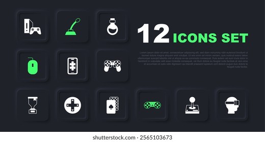 Set Joystick for arcade machine, Virtual reality glasses, Mobile gaming, Game controller joystick, Computer mouse, Microphone and Playing cards icon. Vector