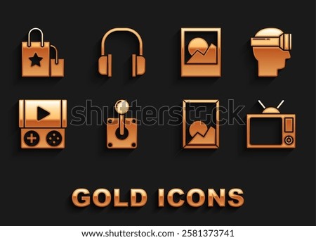 Set Joystick for arcade machine, Virtual reality glasses, Television, Picture landscape, Portable video game console, Photo frames, Paper shopping bag and Headphones icon. Vector