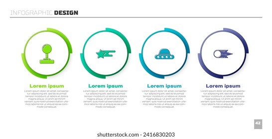 Set Joystick, Falling star, UFO flying spaceship and Comet falling down fast. Business infographic template. Vector