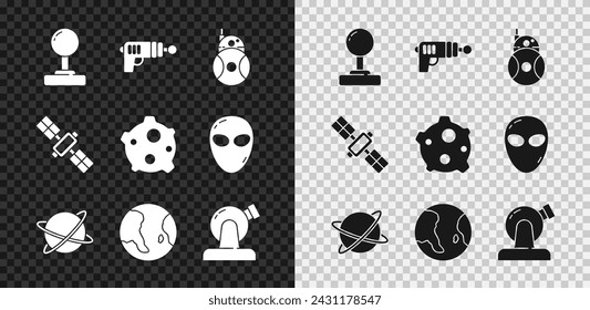 Set Joystick, Ray gun, Robot, Satellites orbiting the planet, Earth globe, Astronomical observatory,  and Asteroid icon. Vector