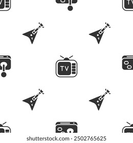 Set Joystick, Retro tv and Electric bass guitar on seamless pattern. Vector