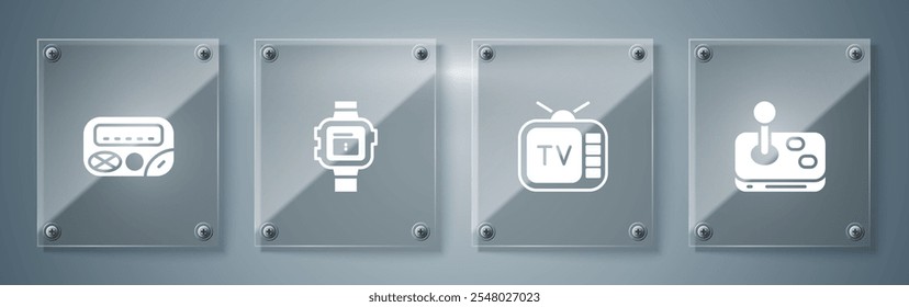 Set Joystick, Retro-TV, Armbanduhr und Pager. Quadratische Glasplatten. Vektorgrafik