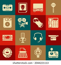 Set Joystick, Waist bag of banana, Telephone handset, Old video cassette player, Retro cinema camera, Floppy disk, audio tape and Skateboard trick icon. Vector