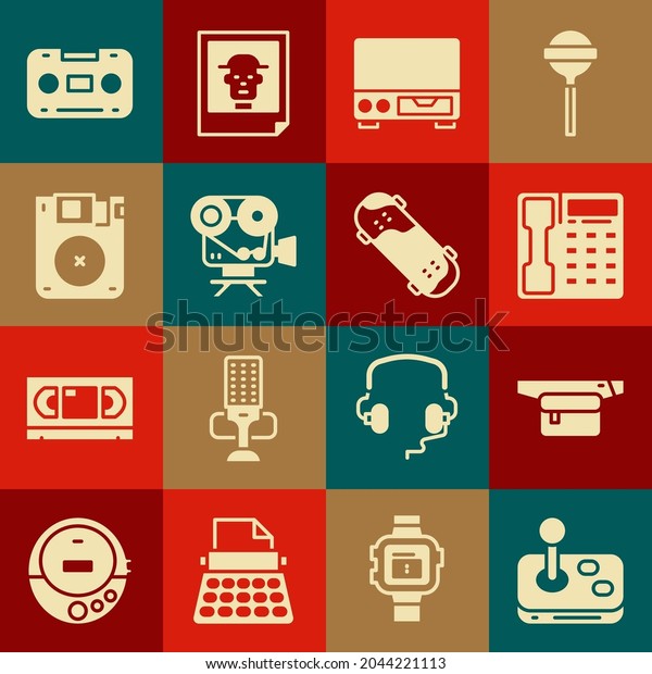 Set Joystick, Waist bag of\
banana, Telephone handset, Old video cassette player, Retro cinema\
camera, Floppy disk, audio tape and Skateboard trick icon.\
Vector