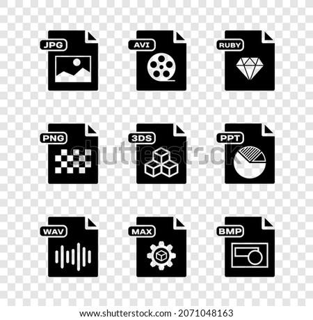 Set JPG file document, AVI, RUBY, WAV, MAX, BMP, PNG and 3DS icon. Vector