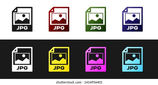 Set JPG file document icon. Download image button icon isolated on black and white background. JPG file symbol. Vector Illustration