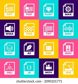Set JPG file document, WAV, , RUBY, PNG and WMA icon. Vector