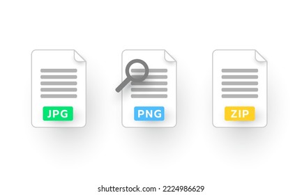 Set of jpg, png, zip with magnify glass, File type icons, Text document, Worksheet, Business icon