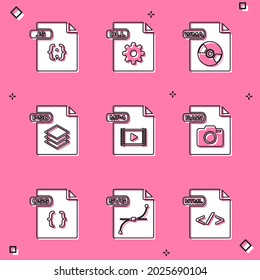 Set JS file document, DLL, WMA, PSD, MP4, RAW, CSS and SVG icon. Vector