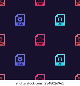 Set JS file document, DLL, PHP and HTML on seamless pattern. Vector