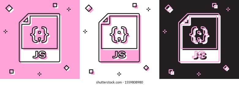 Set JS file document. Download js button icon isolated on pink and white, black background. JS file symbol.  Vector Illustration