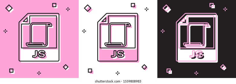 Set JS file document. Download js button icon isolated on pink and white, black background. JS file symbol.  Vector Illustration