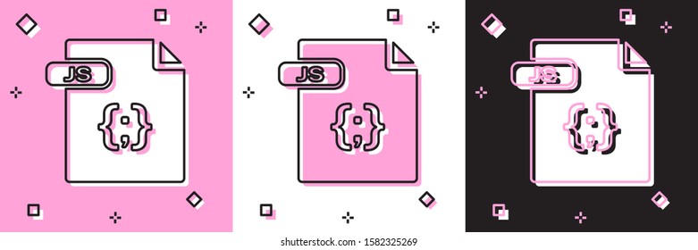 Set JS file document. Download js button icon isolated on pink and white, black background. JS file symbol.  Vector Illustration