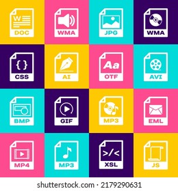 Establezca el documento de archivo JS, el icono EML, AVI, JPG, AI y CSS. Vector