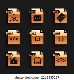 Set JS file document, MP3, PHP, CSS, MOV, XSL, MSG and OBJ icon. Vector