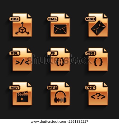 Set JS file document, MP3, PHP, CSS, MOV, XSL, MSG and OBJ icon. Vector