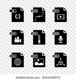 Set JS file document, MP4, HTML, TIFF, OBJ, MOV and ZIP icon. Vector
