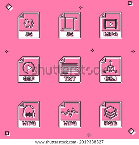 Set JS file document, , MP4, GIF, TXT and OBJ icon. Vector