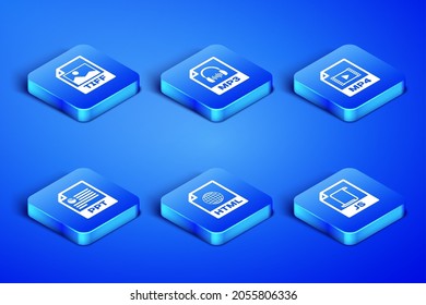 Set JS file document, TIFF, HTML, PPT, MP3 and MP4 icon. Vector