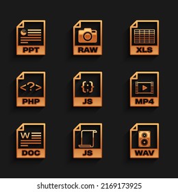 Set JS file document, , WAV, MP4, DOC and PHP icon. Vector