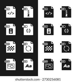 Establecer documento de archivo JS, WAV, HTML, ZIP, PNG, GIF, OTF y BMP icono. Vector