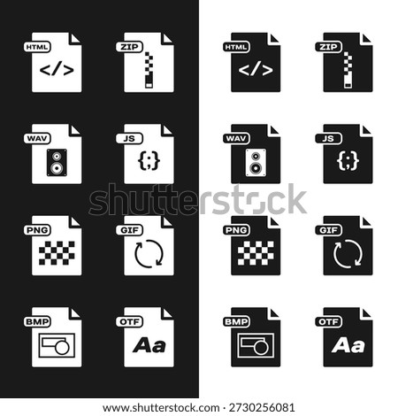 Set JS file document, WAV, HTML, ZIP, PNG, GIF, OTF and BMP icon. Vector
