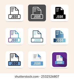 Set of json file format icons with a recognizable design, with modern colors.