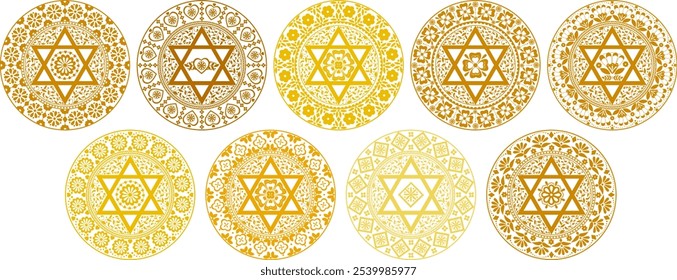 Conjunto de obras de arte de Vector de encaje dorado judaísmo. Mandala muy detallado con motivos florales populares y estrella de seis puntas. Uso como decoración para los acontecimientos y las vacaciones, impresión, arte de la pared, empaquetado, etiqueta engomada, tarjetas 