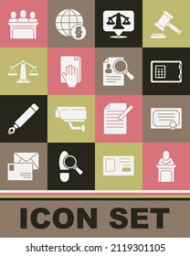 Set Judge, Certificate template, Safe, Scales of justice, Oath on the Holy Bible, Jurors and Paper analysis magnifying icon. Vector