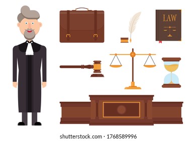Set of judge character and law elements vector illustration