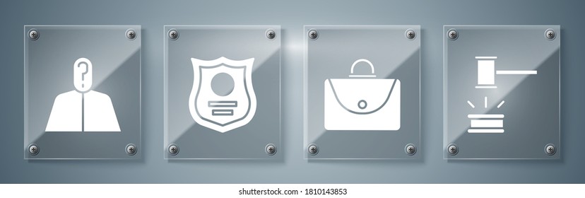 Set Judge gavel, Briefcase, Police badge and Anonymous with question mark. Square glass panels. Vector