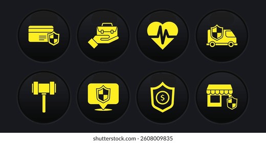 Set Judge gavel, Car with shield, Location, Shield dollar, Health insurance, Hand holding briefcase, Shopping building and Credit card icon. Vector