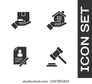 Set Judge gavel, Delivery insurance, Document with shield and House hand icon. Vector